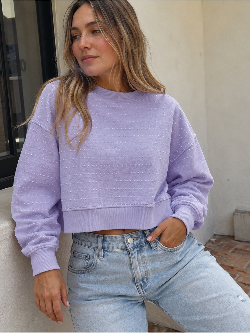 Aerie "Take It Easy" White Dot Textured Crewneck Sweatshirt in Lavender